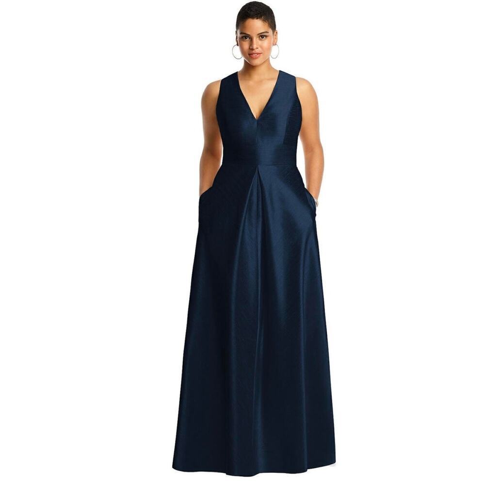 Alfred Sung D611 Dupioni Dress midnight blue sleeveless wedding formal Size 4
